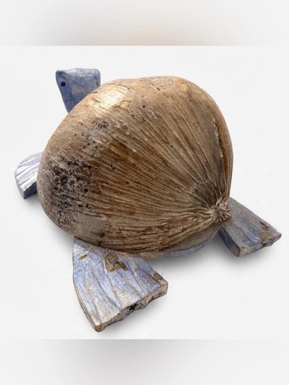 Whitewashed Blue Wood and Coconut Shell Sea Turtle Figurine